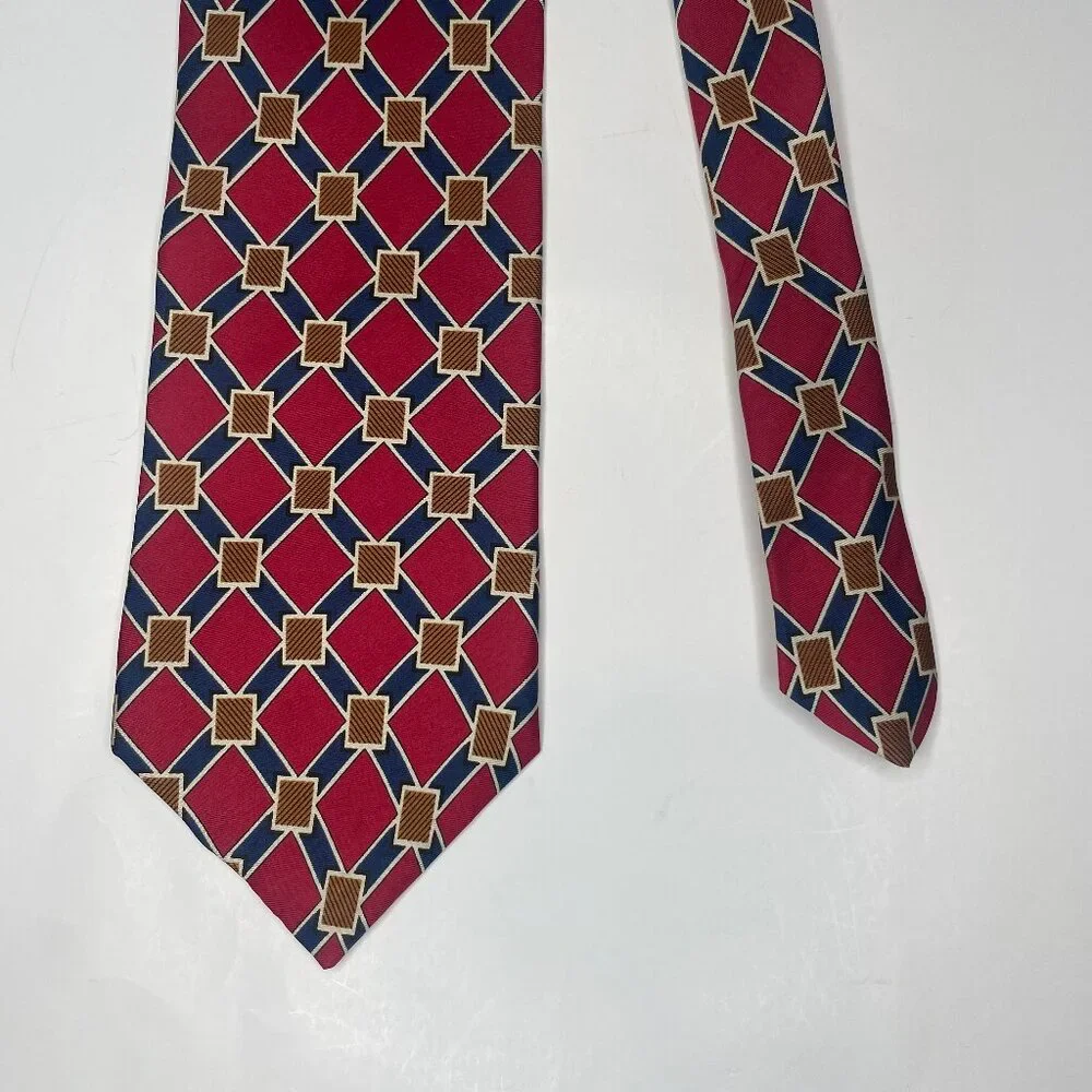 London Fog Vintage 100% Italian Silk Geometric Tie Burgundy Blue